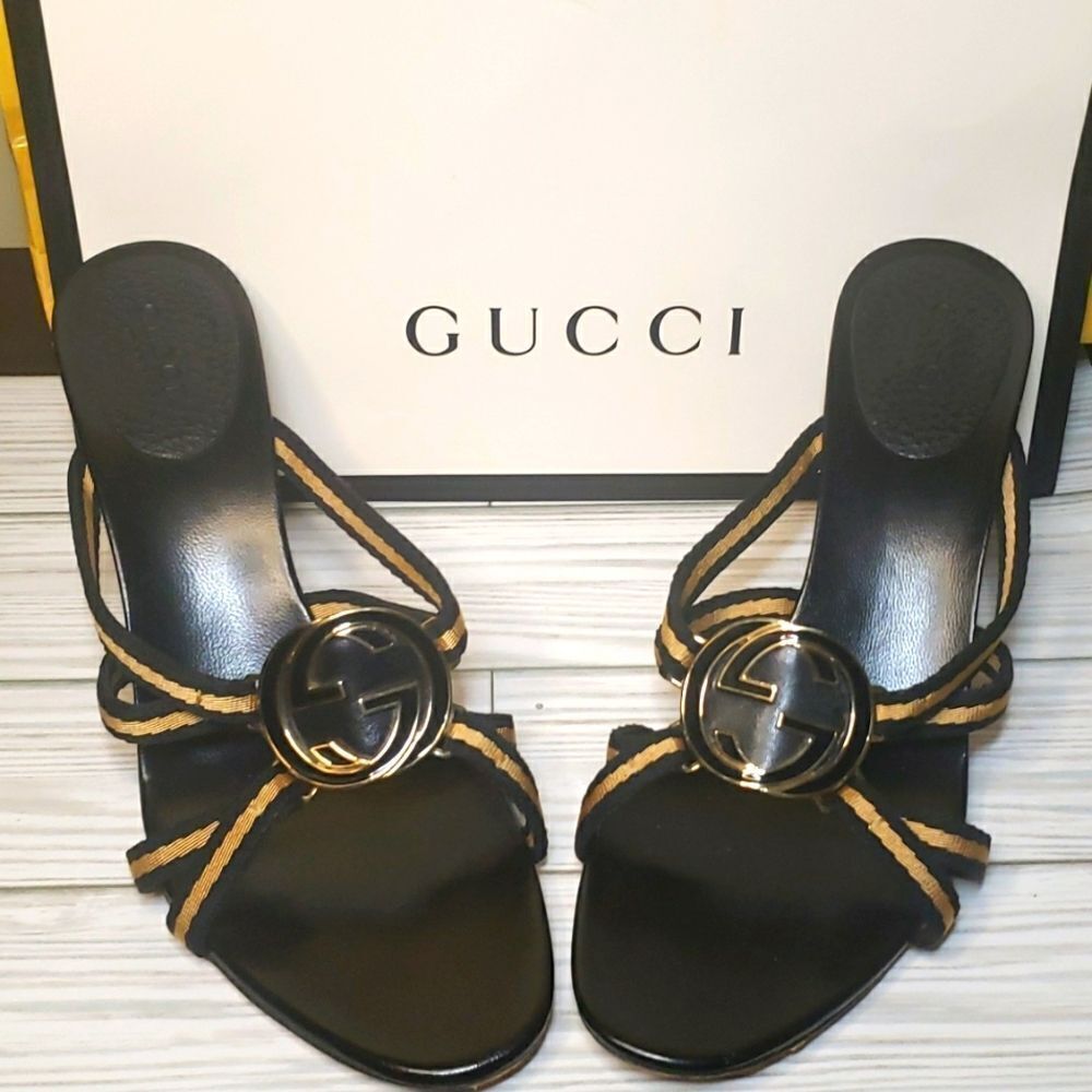 GUCCI GG Black Strappy Heels